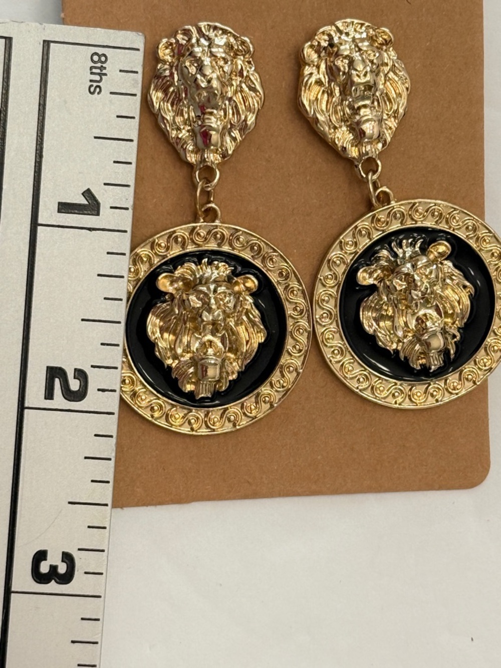 Gold Lion Head Medallion Earrings Black Enamel Statement Drop - Picture 9 of 13